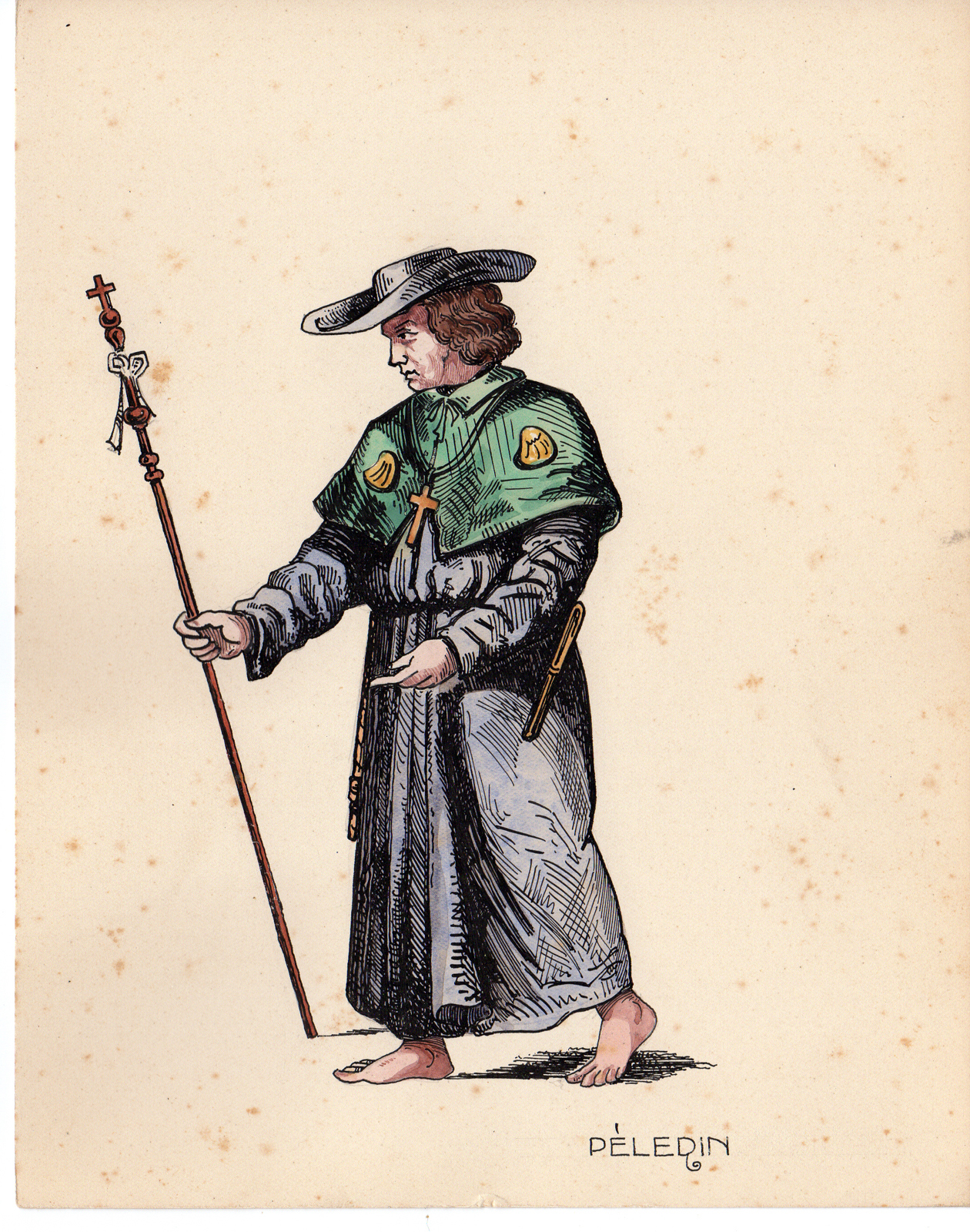 , Antique Drawing-RELIGIOUS-COSTUME-PILGRIM-MONK-Anonymous-c.1920, Pictura Antique Prints