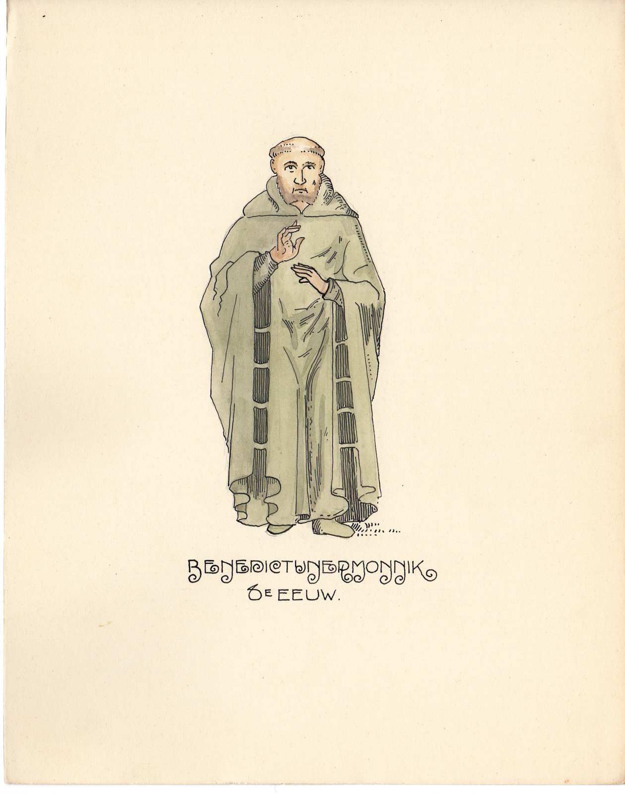 , Antique Drawing-RELIGIOUS-COSTUME-BENEDICTINES-MONK-Anonymous-c.1920, Pictura Antique Prints