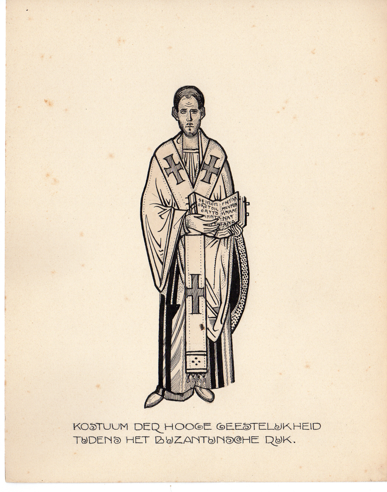 , Antique Drawing-RELIGIOUS-COSTUME-BYZANTHIAN EMPIRE-MONK-Anonymous-c.1920, Pictura Antique Prints
