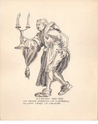 Antique Drawing-RELIGIOUS-COSTUME-TORCH-MONK-Beham-c.1920