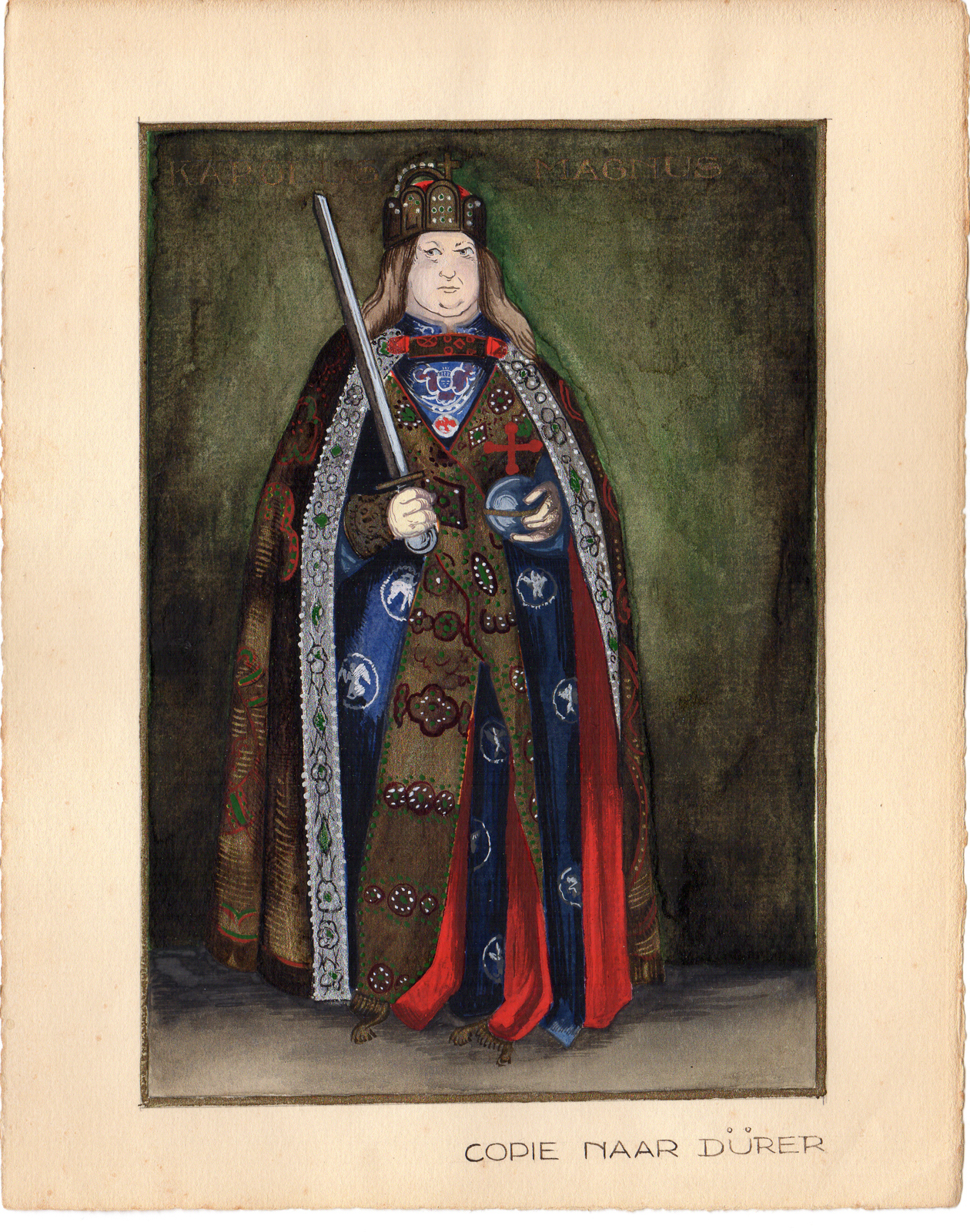 , Antique Drawing-KING-CHARLES THE GREAT-CHARLEMAGNE-Anonymous-Durer-c.1920, Pictura Antique Prints