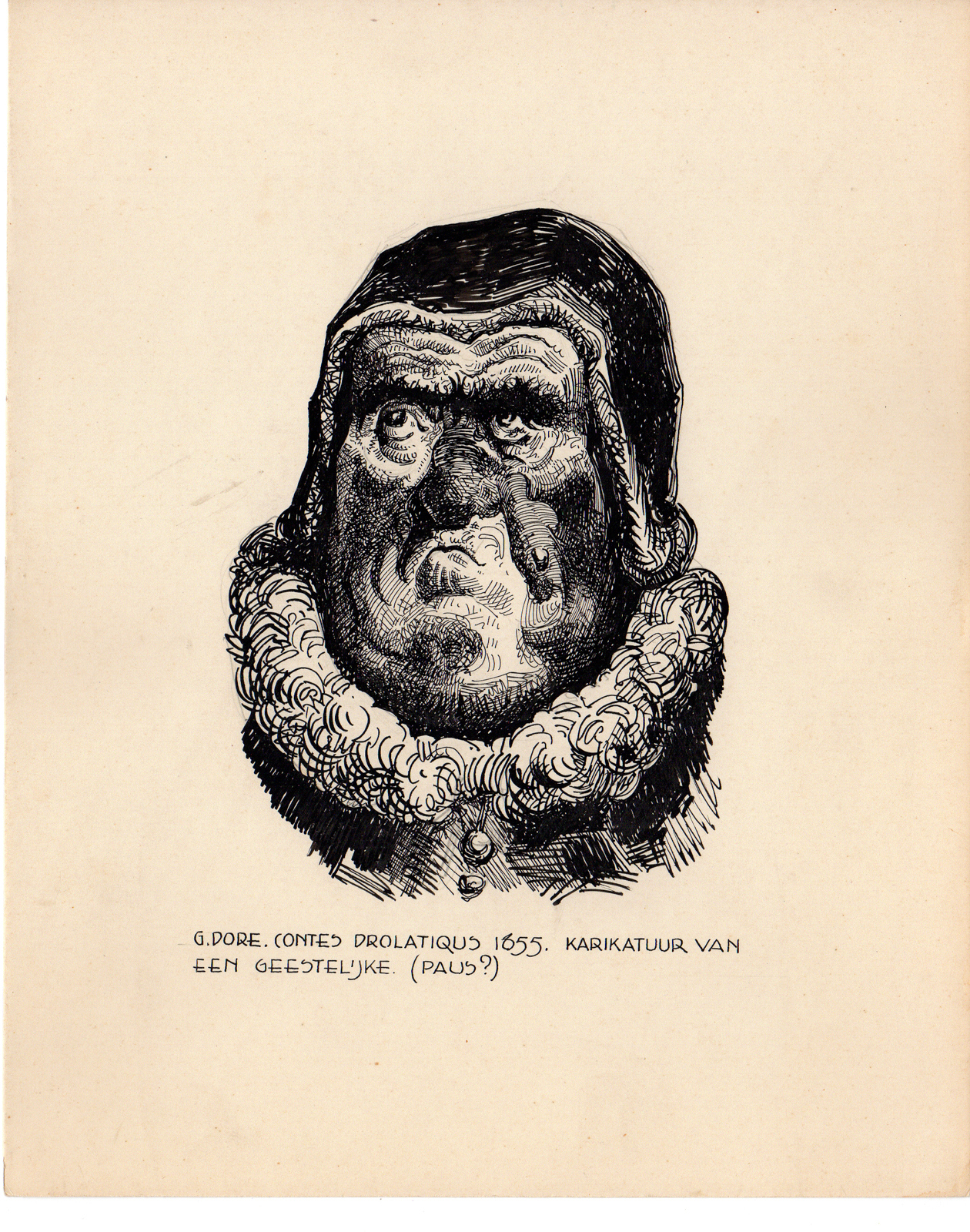 , Antique Drawing-RELIGIOUS-COSTUME-CARICATURE-MONK-Anonymous-Dore-c.1920, Pictura Antique Prints