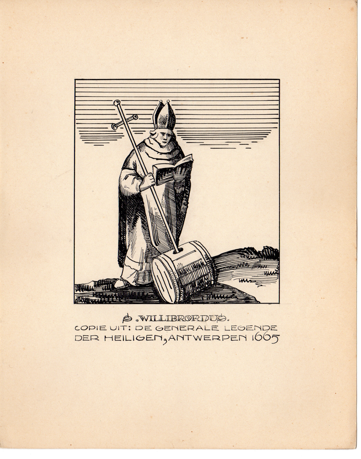 , Antique Drawing-SAINT-WILLIBRORDUS-Anonymous-c.1920, Pictura Antique Prints