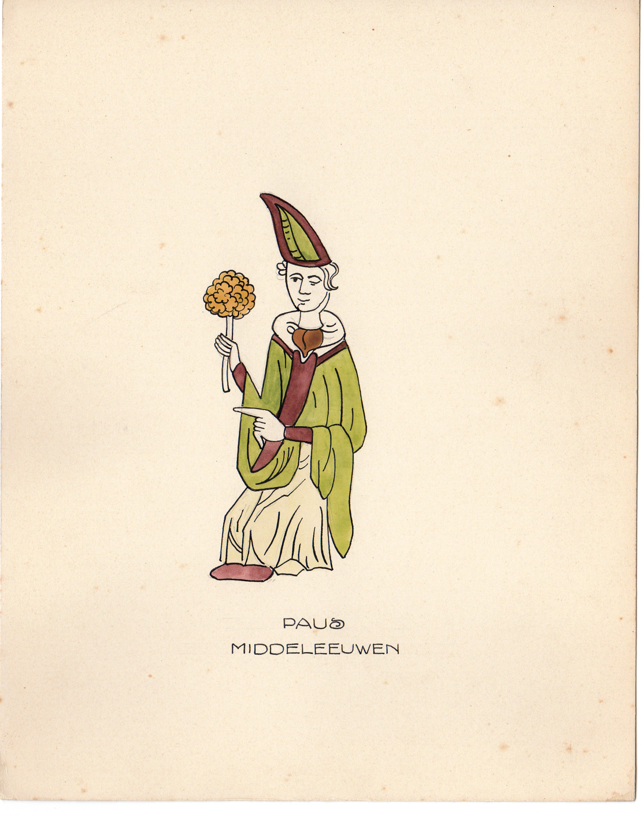 , Antique Drawing-POPE-MIDDLE AGES-Anonymous-c.1920, Pictura Antique Prints