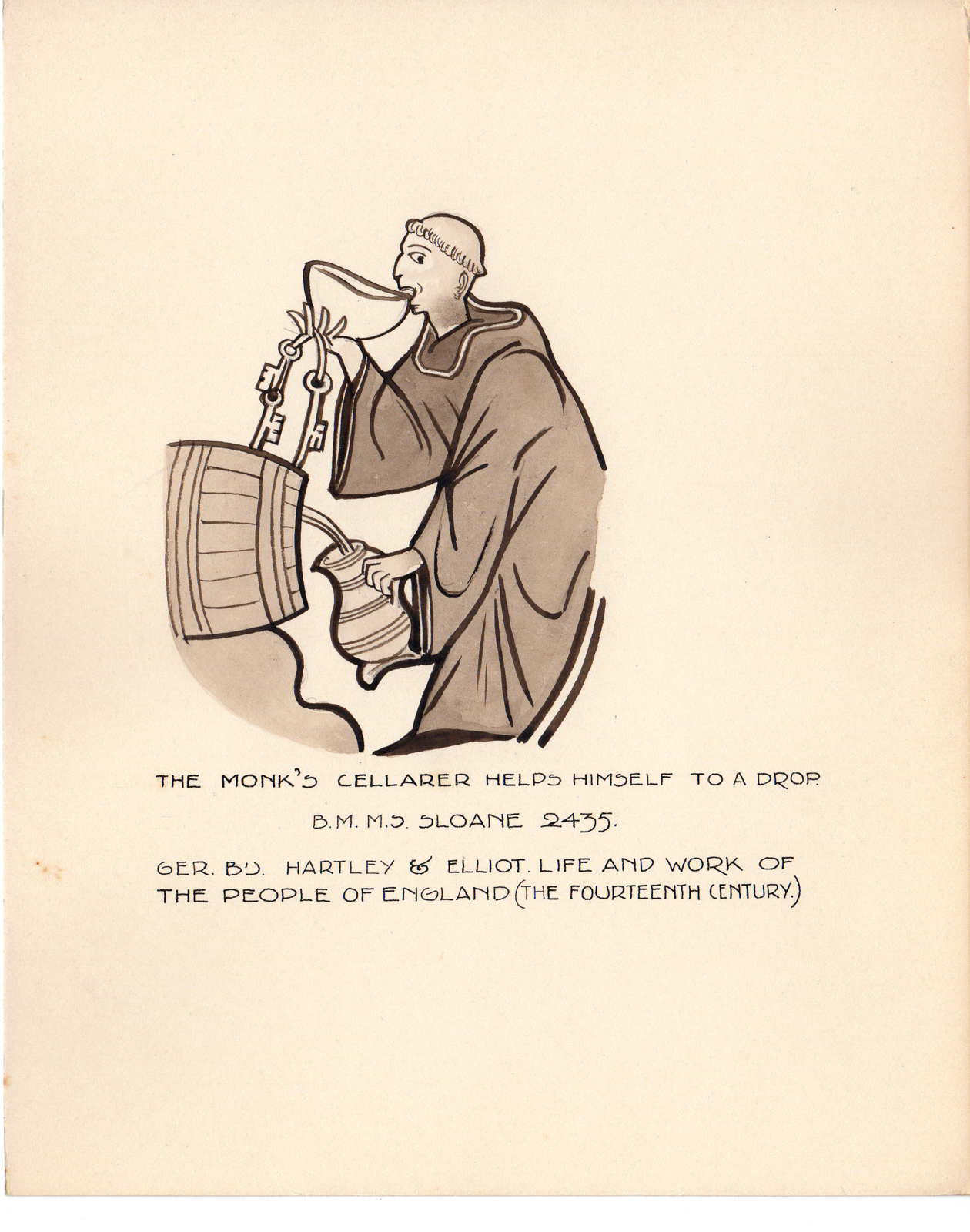 , Antique Drawing-MONK-CELLARER-DRINKING-Anonymous-c.1920, Pictura Antique Prints