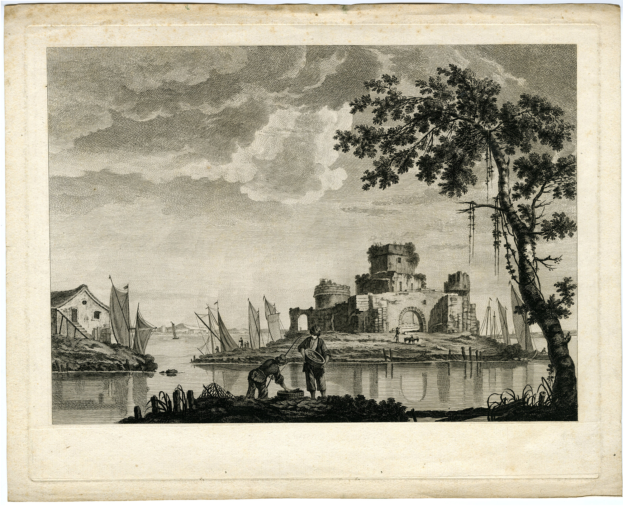 , Antique Master Print-LA-BONNE-PECHE-FISHING-RUINS-PROOF-Benazech-Pillement-1761, Pictura Antique Prints