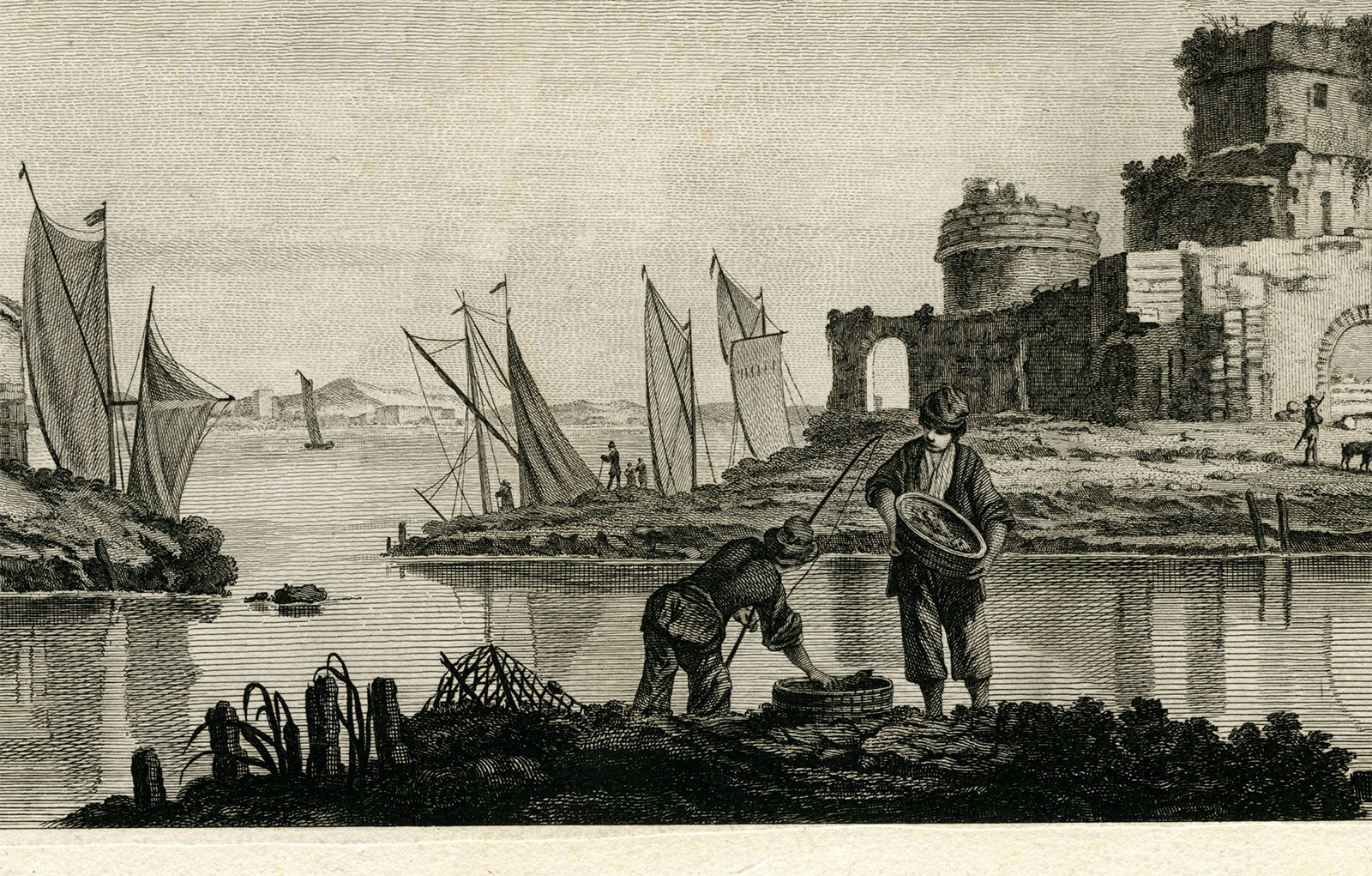 , Antique Master Print-LA-BONNE-PECHE-FISHING-RUINS-PROOF-Benazech-Pillement-1761, Pictura Antique Prints