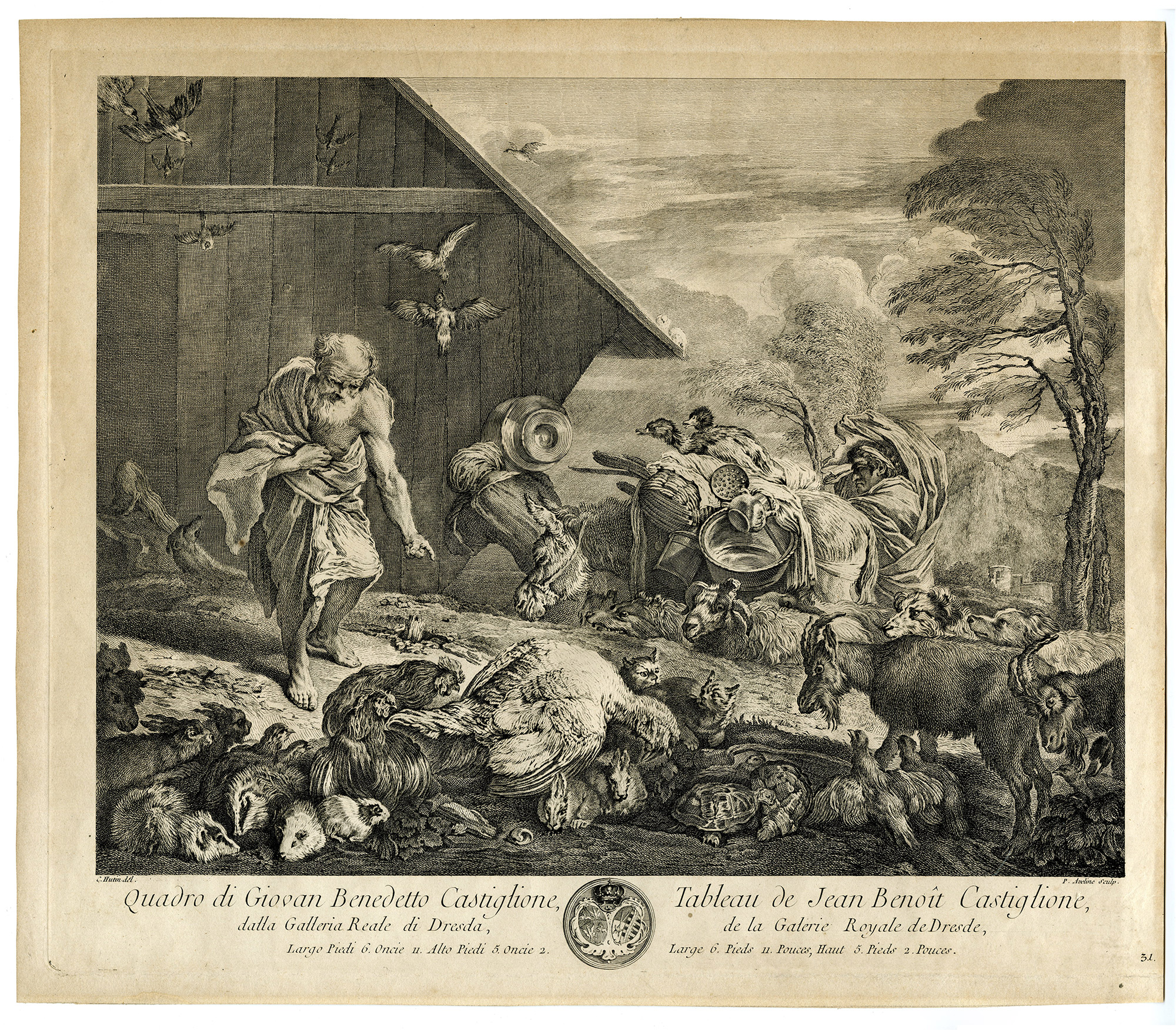 , Antique Master Print-NOAHS-ARK-Aveline-Castiglione-1757, Pictura Antique Prints