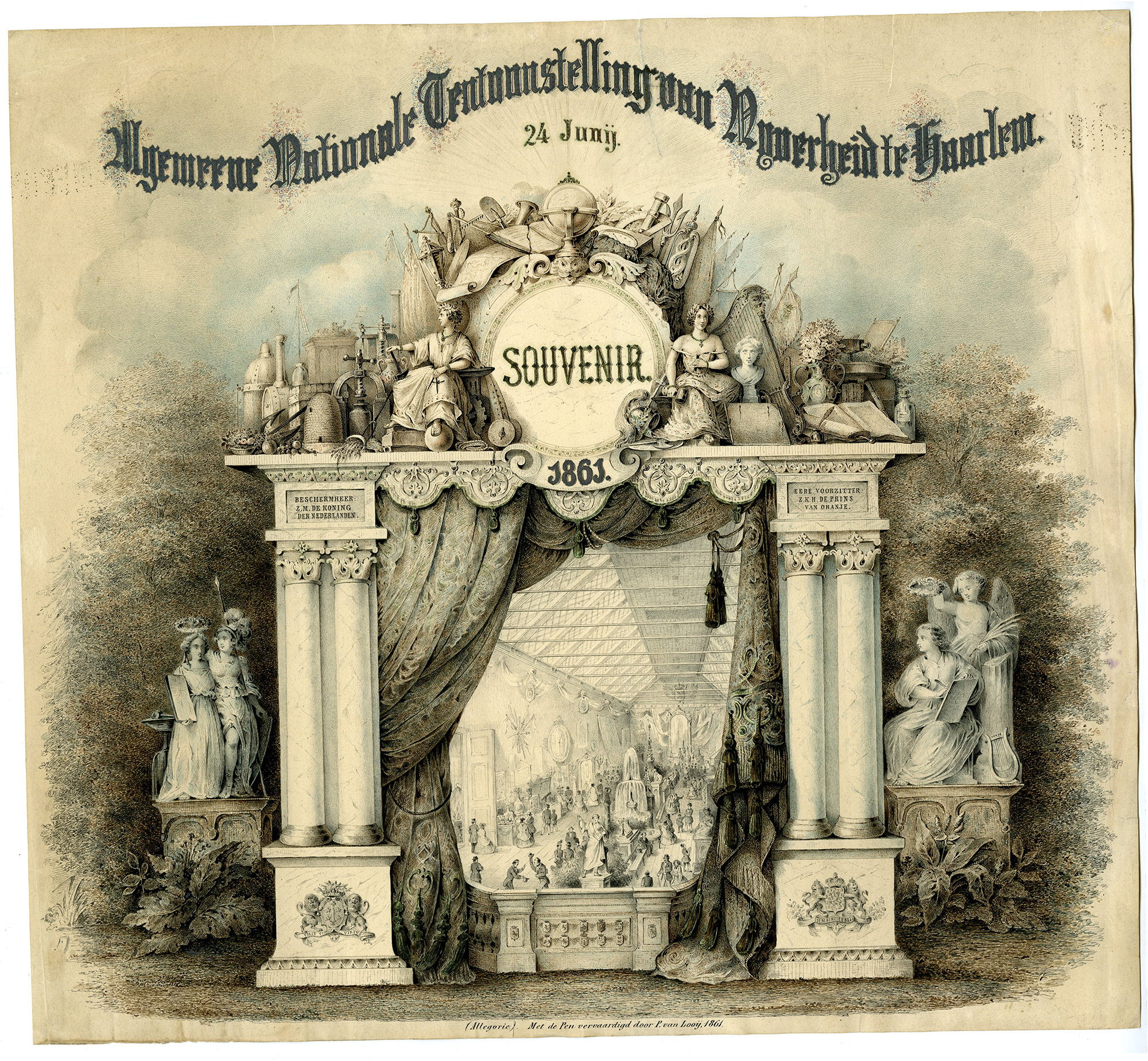 , Antique Drawing-TENTOONSTELLING-NIJVERHEID-HAARLEM-van Looij-1861, Pictura Antique Prints