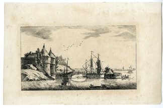 Antique Master Print-RIVERSIDE-FORTIFIED-GATE-BRIDGE-VESSELS-Anonymous-18th c.