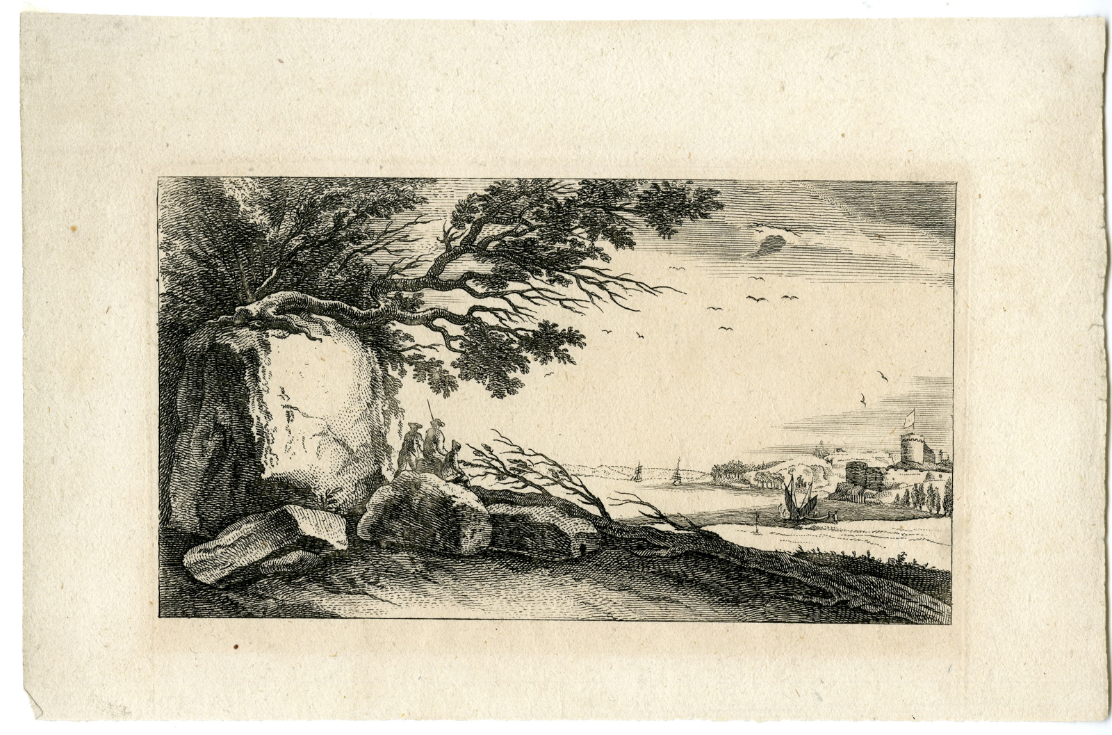 , Antique Master Print-RIVERSIDE-FORTIFICATION-WINDSWEPT-TREE-Anonymous-18th c., Pictura Antique Prints