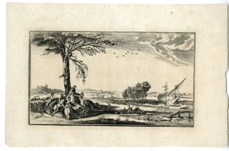 Antique Master Print-RIVERSIDE-FIGURES-TREE-SAILING-VESSEL-Anonymous-18th c.