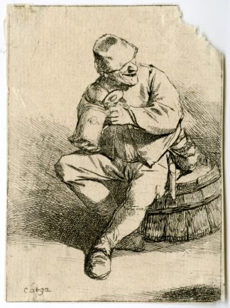 Antique Master Print-SITTING DRINKER=MAN-BARREL-JUG-Bega-1642-1664