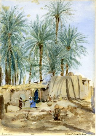 Antique Drawing-ORIENTALIST-WATERCOLOR-ARAB-SCENE-PALM-TREES-de Laune-1874