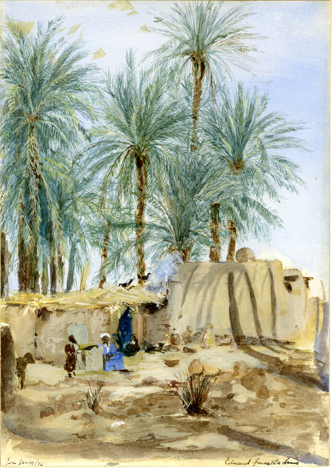 , Antique Drawing-ORIENTALIST-WATERCOLOR-ARAB-SCENE-PALM-TREES-de Laune-1874, Pictura Antique Prints