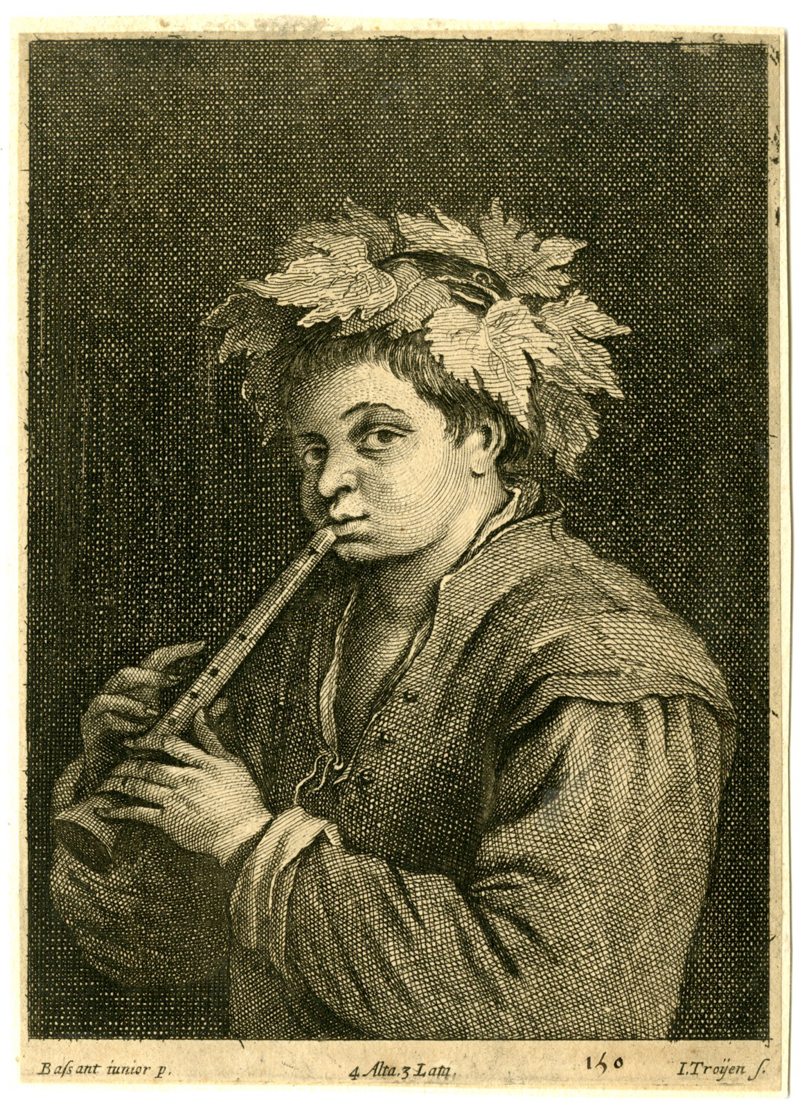 , Antique Master Print-BOY WITH FLUTE-BACCHUS-PL. 150-van Troyen-Bassano-1673, Pictura Antique Prints