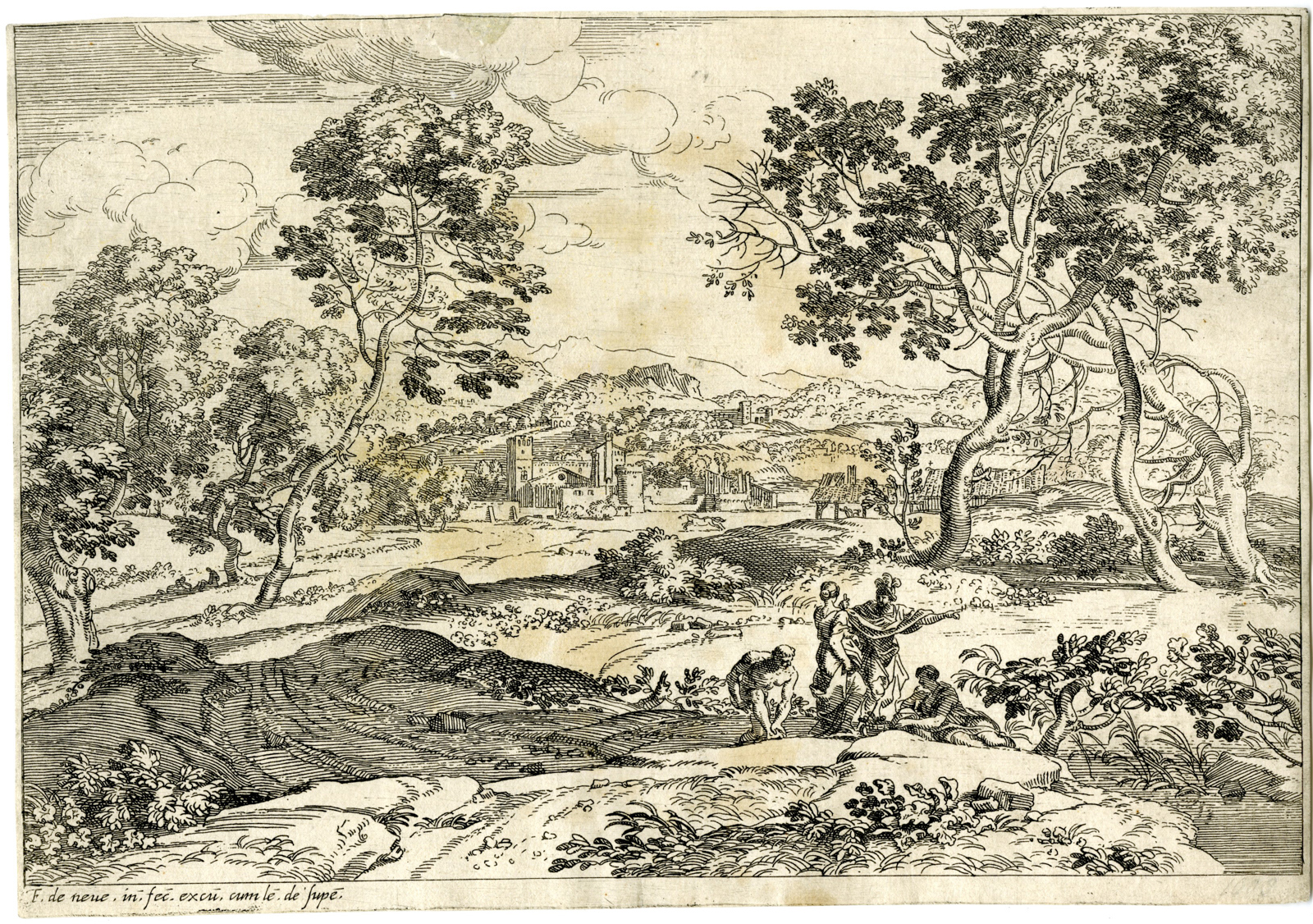 , Antique Master Print-ITALIAN LANDSCAPE-FIGURES AND TOWN-de Neve-c.1612-1625, Pictura Antique Prints