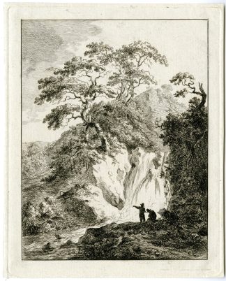 Antique Master Print-WATERFALL LANDSCAPE WITH FIGURES-Legros-c.1775-1825
