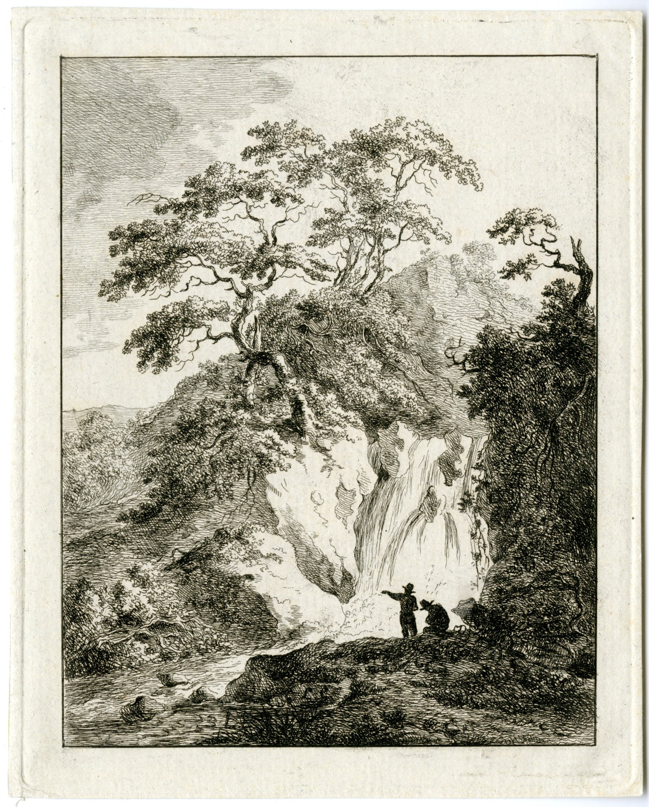, Antique Master Print-WATERFALL LANDSCAPE WITH FIGURES-Legros-c.1775-1825, Pictura Antique Prints