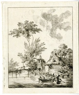 Antique Master Print-RIVER LANDSCAPE-COTTAGES-FIGURES-Legros-Le May-c.1775-1825