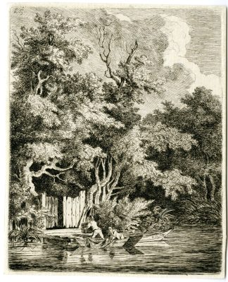 Antique Master Print-RUSTIC RIVER SCENE-BOATS-FIGURES-Legros-Le May-c.1775-1825