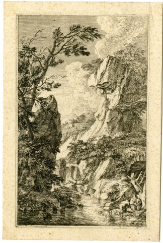Antique Master Print-LANDSCAPE-WATERFALL AND FISHERMEN -Beich-Rosa-c.1700-1725