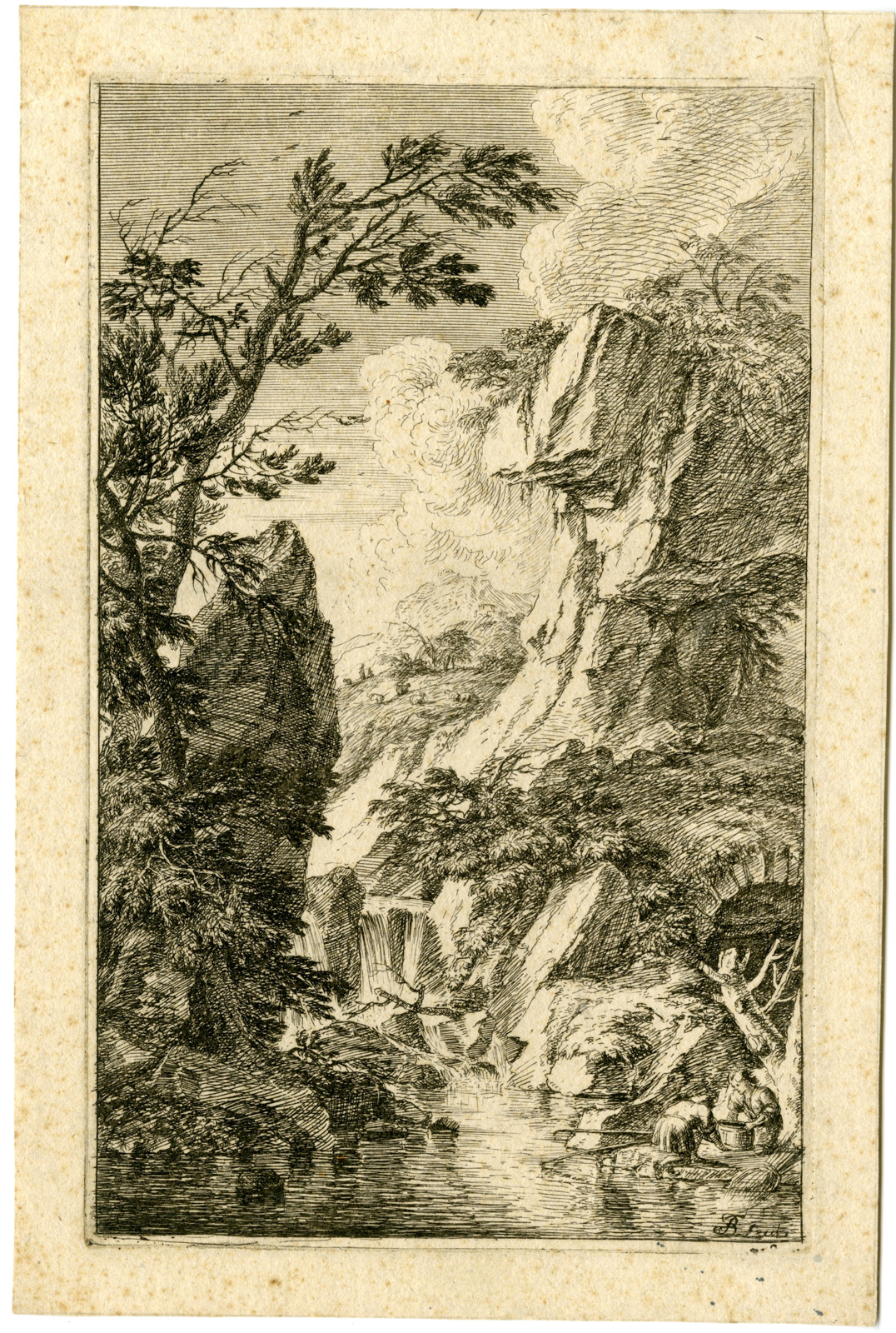 , Antique Master Print-LANDSCAPE-WATERFALL AND FISHERMEN -Beich-Rosa-c.1700-1725, Pictura Antique Prints