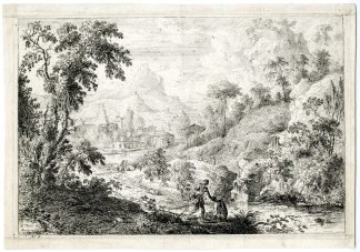 Antique Master Print-PASTORAL-LANDSCAPE WITH TWO FIGURES-Thiele-c.1725