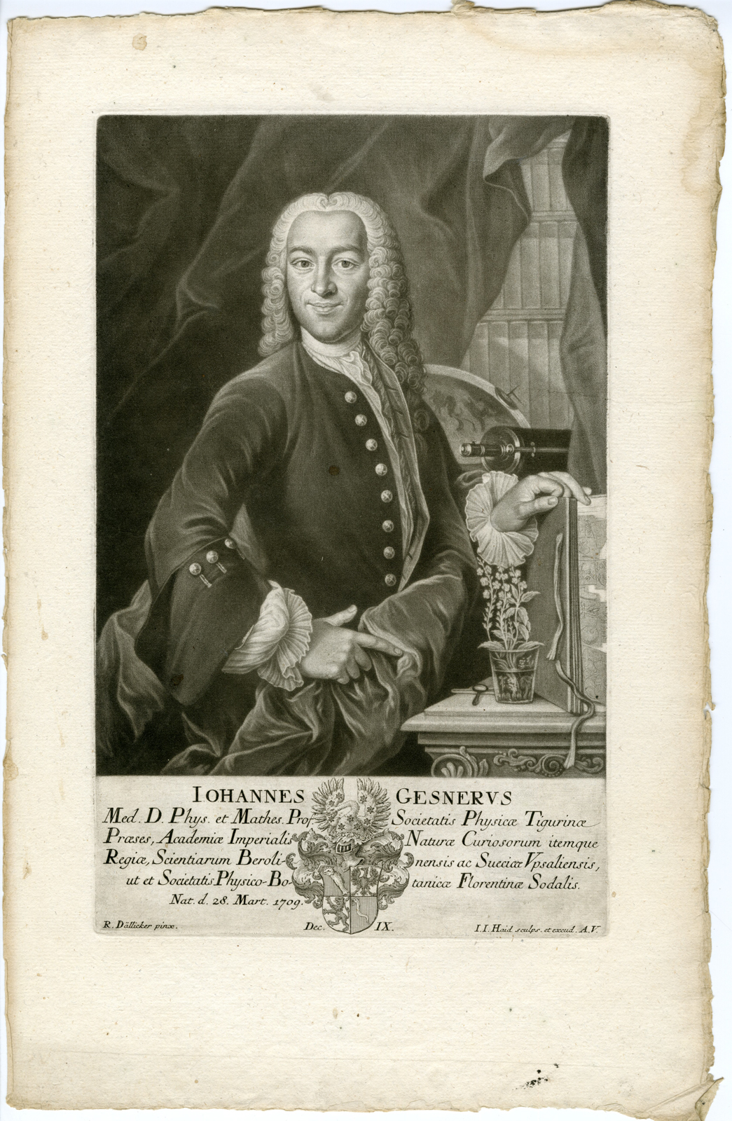 , Antique Master Print-PORTRAIT-JOHANNES-GESNER-BOTANIST-Haid-Dallicker-c.1760, Pictura Antique Prints