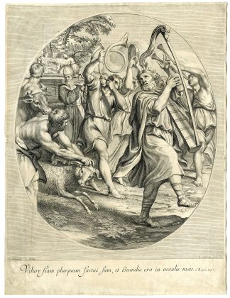 Antique Master Print-DAVID-DANCING-BEFORE-THE-ARK-Audran-Domenichino-c.1670