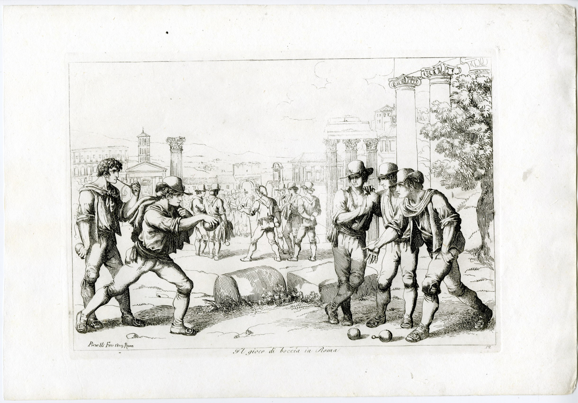 , Antique Master Print-BOCCE-GAME-ROMAN-RUINS-STREET-SPORT-PL.12-Pinelli-1809, Pictura Antique Prints