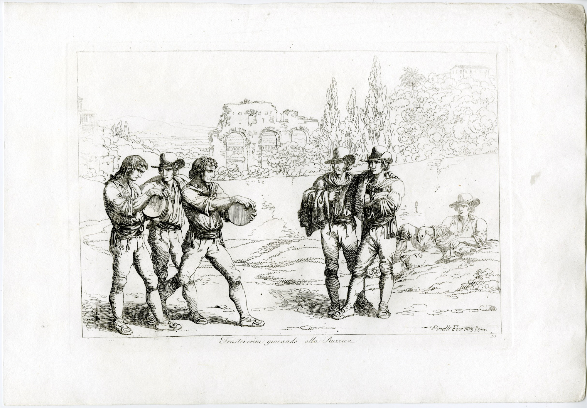 , Antique Master Print-TRASTEVERINI-GAME-ROMAN-COUNTRYSIDE-PL.15-Pinelli-1809, Pictura Antique Prints