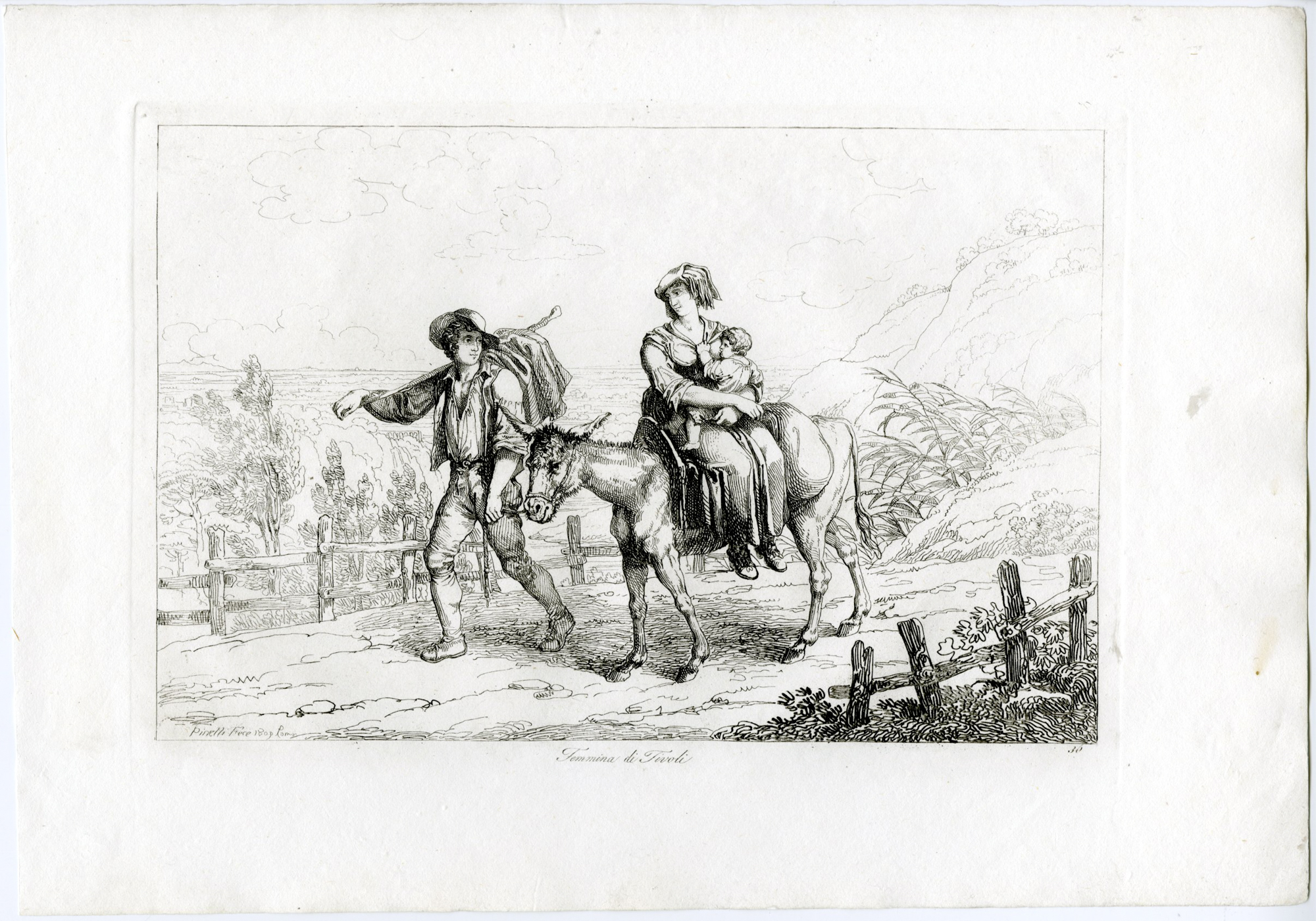 , Antique Master Print-TIVOLI-PEASANT-WOMAN-CHILD-DONKEY-PL.36-Pinelli-1809, Pictura Antique Prints
