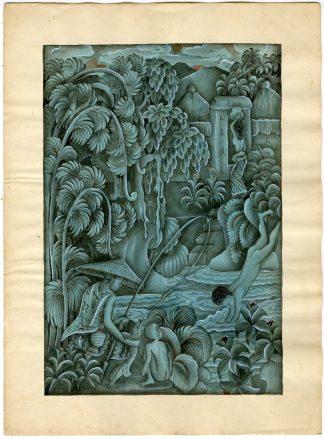 Antique Drawing-BALINESE-VILLAGE-RIVER-BATUAN-Windhu-c.1936