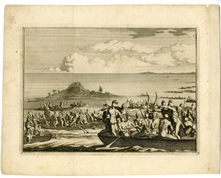 Antique Print-CANOE-BATTLE-INDIANS-EUROPEANS-MUSKETS-Goeree-Van der Aa-1707