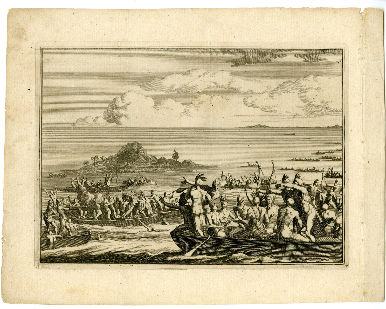, Antique Print-CANOE-BATTLE-INDIANS-EUROPEANS-MUSKETS-Goeree-Van der Aa-1707, Pictura Antique Prints