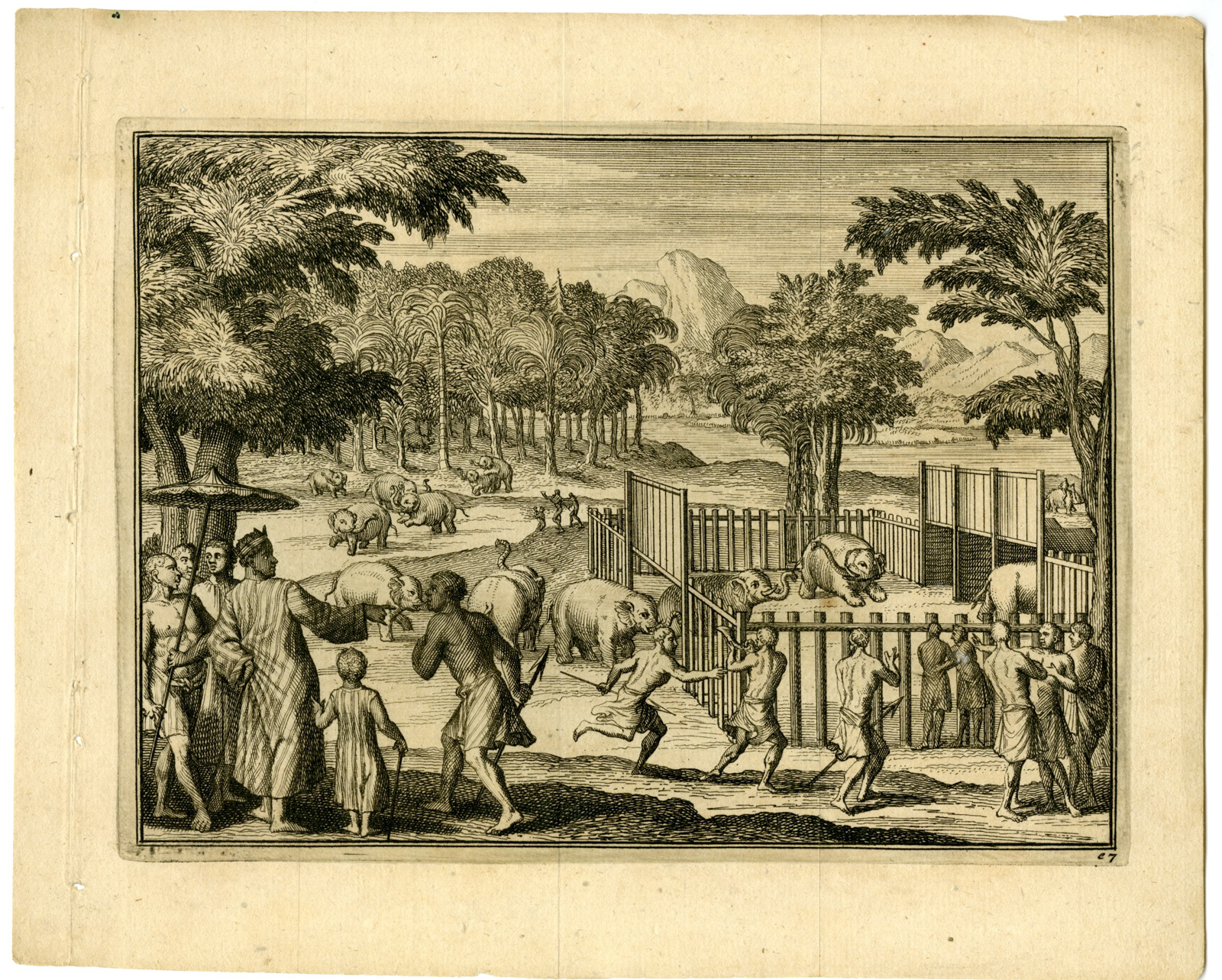 , Antique Print-AFRICAN-ELEPHANT-ENCLOSURE-SCENE-Goeree-Van der Aa-1705-1707, Pictura Antique Prints