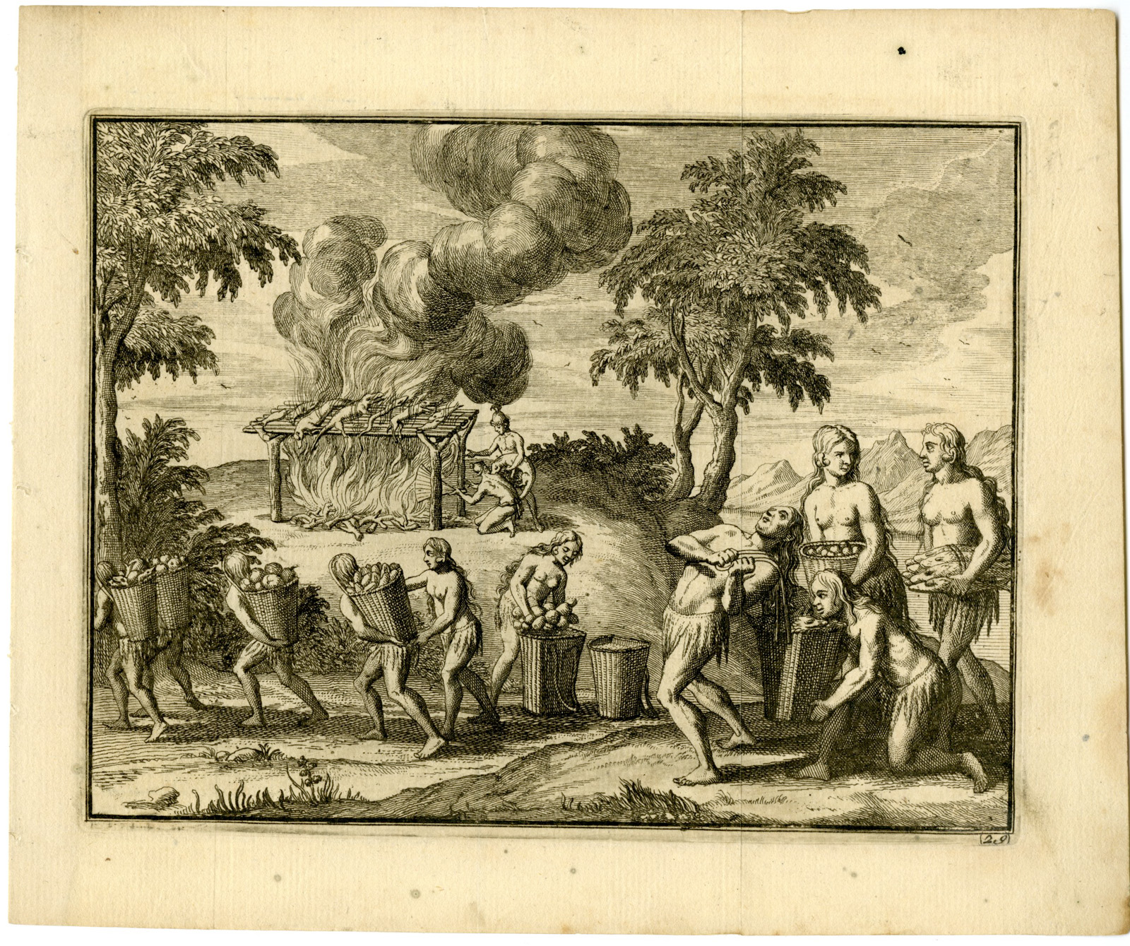 , Antique Print-TIMUCUA-INDIANS-GATHERING-FOOD-SMOKING-MEAT-Goeree-Van der Aa-1707, Pictura Antique Prints