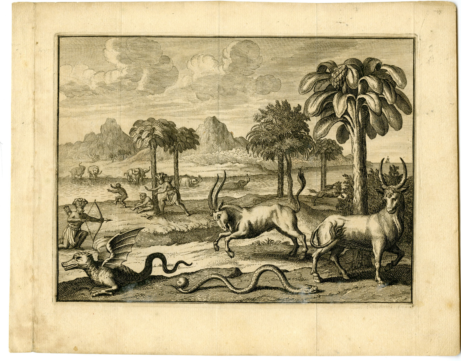 , Antique Print-ELEPHANTS-KONGO-MYTHICAL-ANIMALS-Goeree-Van der Aa-1707, Pictura Antique Prints