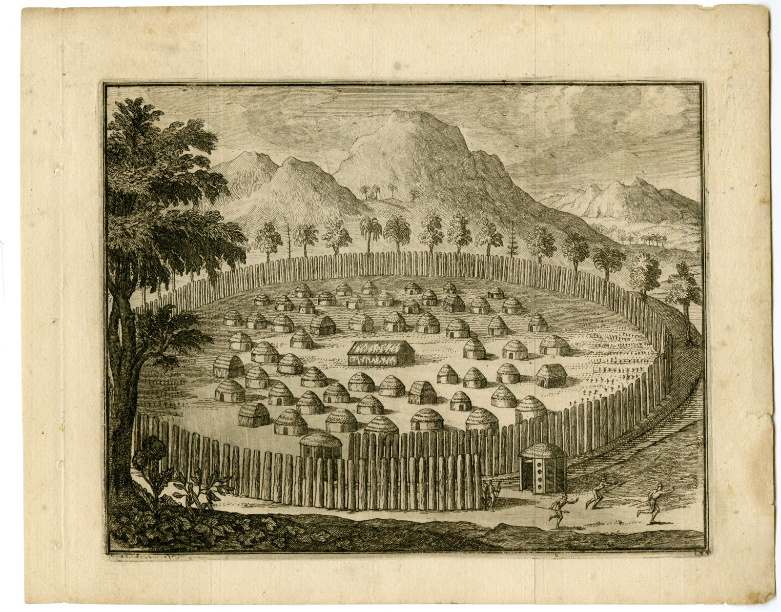 , Antique Print-NATIVE-AMERICAN-VILLAGE-PALISADE-SETTLEMENT-Goeree-Van der Aa-1707, Pictura Antique Prints