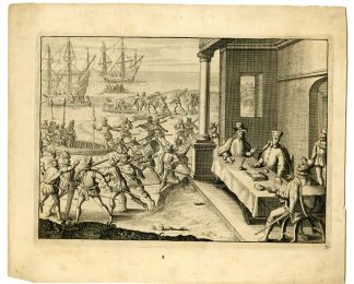 Antique Print-PIZARRO-ALMAGRO-LUQUE-CONQUEST-PERU-Goeree-De Bry-Van der Aa-1707
