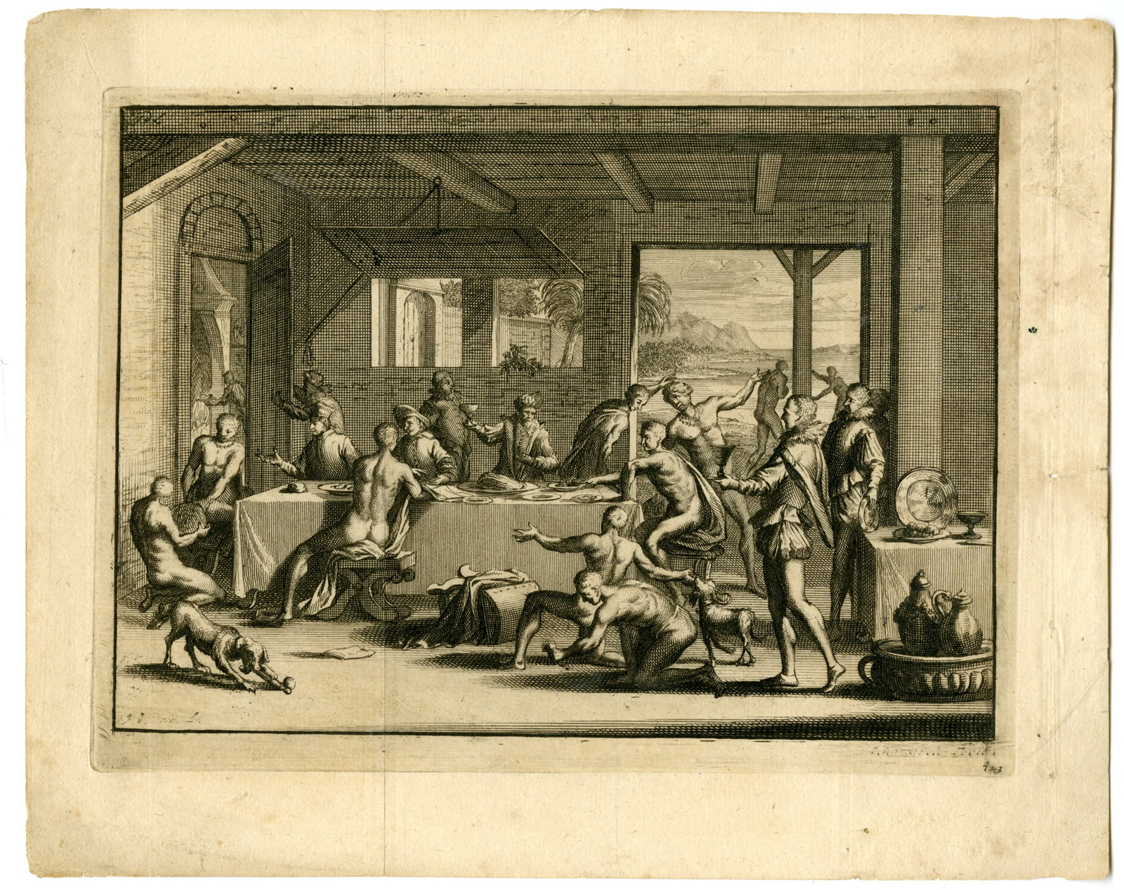 , Antique Print-COLONIAL-BANQUET-EUROPEANS-INDIGENOUS-Goeree-Van der Aa-1707, Pictura Antique Prints