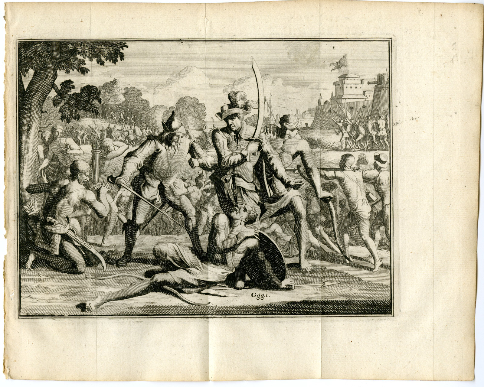 , Antique Print-PORTUGUESE-COLONIAL-BATTLE-MOMBASA-Goeree-de Bry-Van der Aa-1706, Pictura Antique Prints