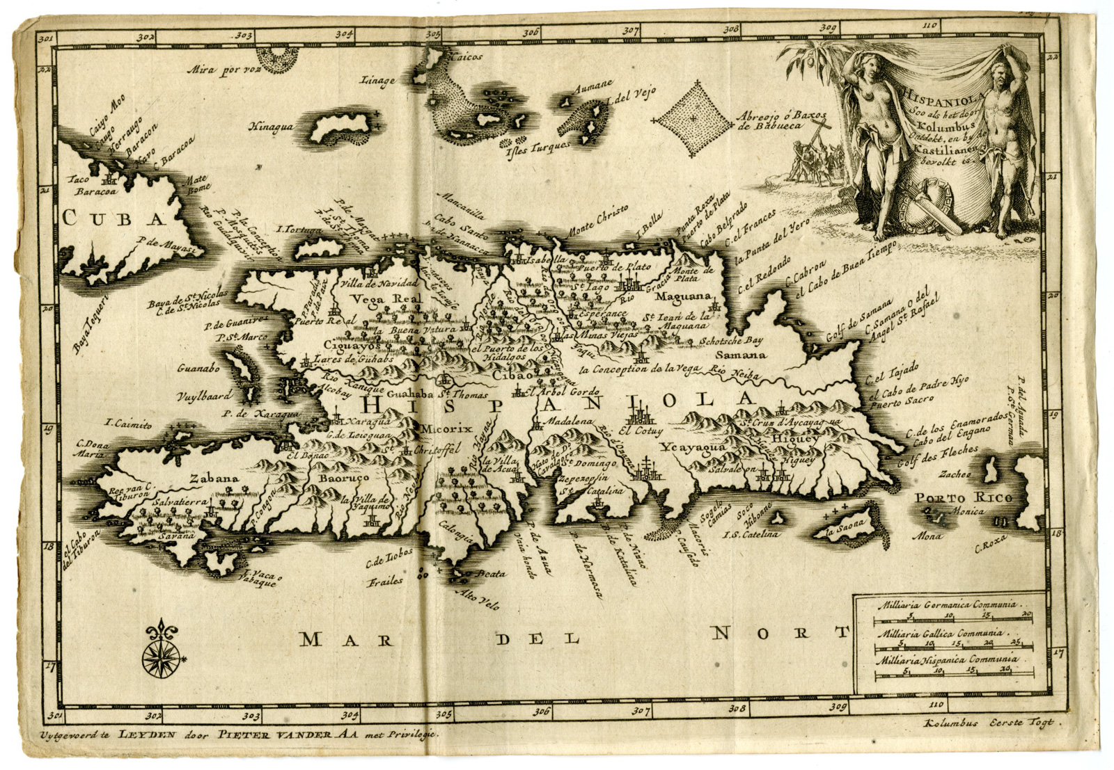 , Antique Map-HISPANIOLA-SANTA DOMINGO-COLUMBUS-CASTILIANS-Van der Aa-1707, Pictura Antique Prints
