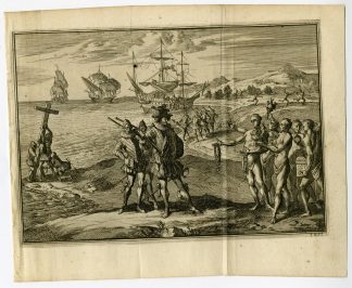 Antique Print-COLUMBUS-LANDING-NEW-WORLD-INDIGENOUS-GIFTS-Goeree-Van der Aa-1707