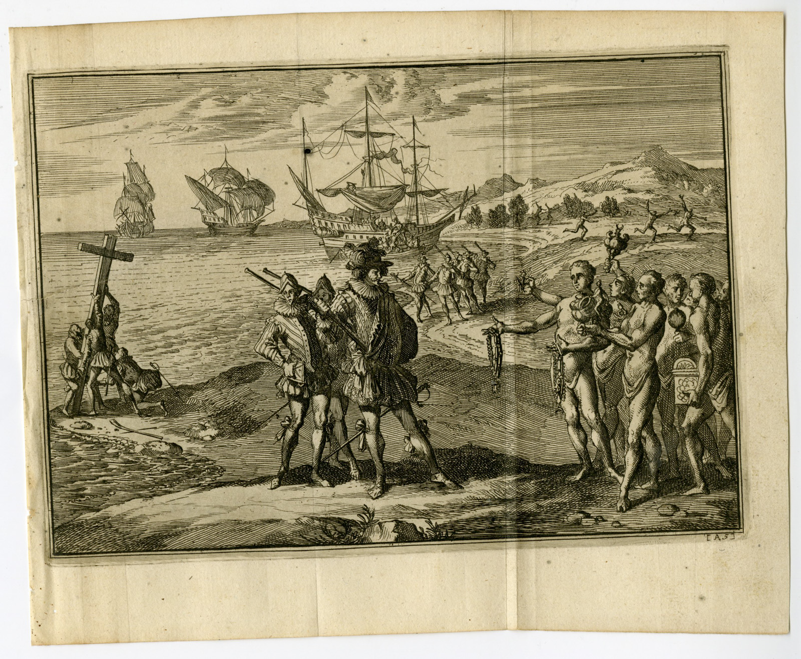 Pictura 07300 416x342 Antique Print-COLUMBUS-LANDING-NEW-WORLD-INDIGENOUS-GIFTS-Goeree-Van der Aa-1707