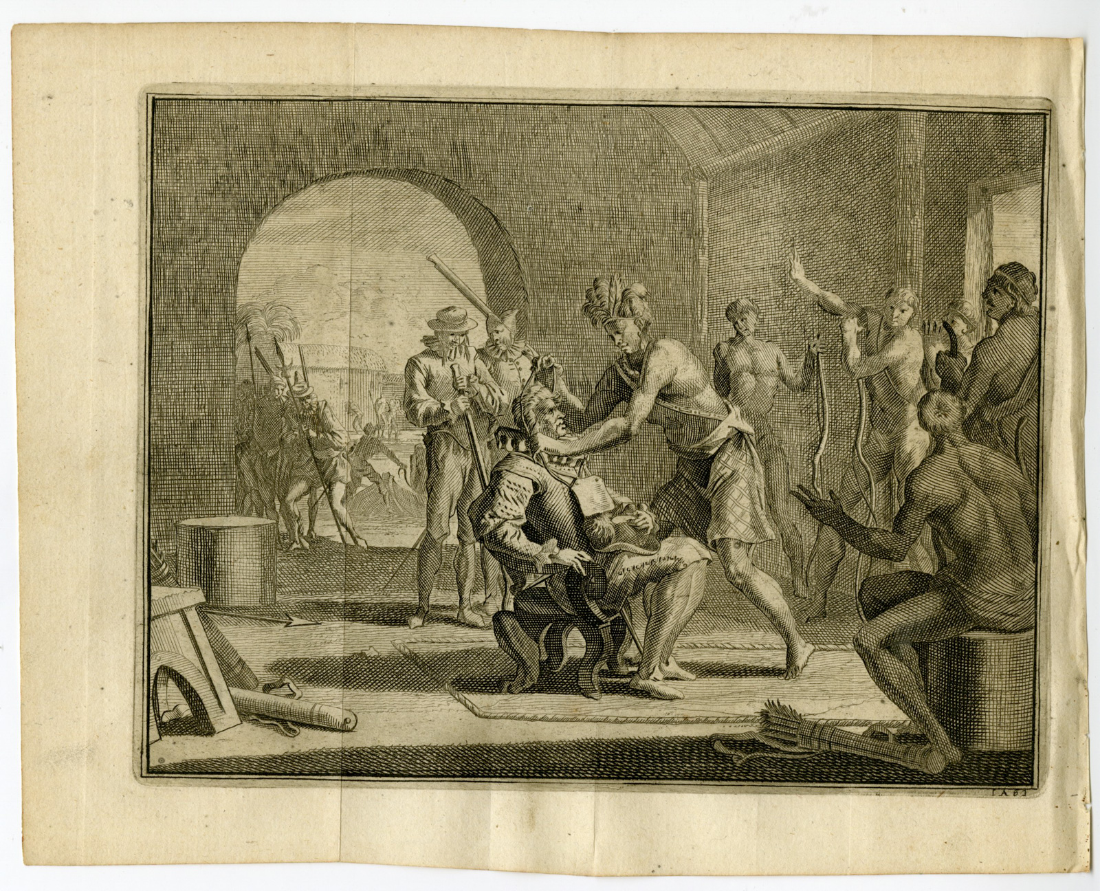 , Antique Print-COLUMBUS-CEREMONY-HONOR-INDIGENOUS-Goeree-Van der Aa-1707, Pictura Antique Prints