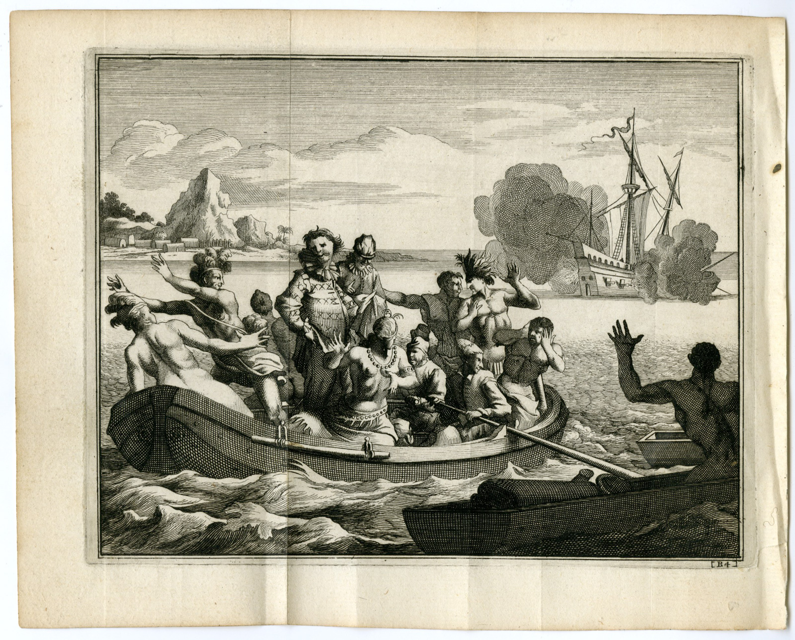 , Antique Print-CHRISTOFFEL COLUMBUS-SHIP-XARAGUA-HAITI-Goeree-Van der Aa-1707, Pictura Antique Prints
