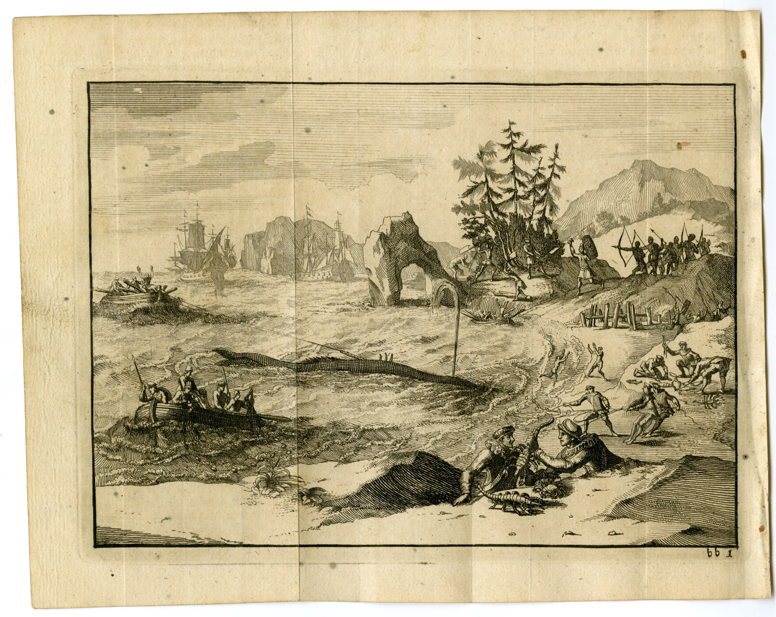 , Antique Print-WHALE-HUNTING-VASCO-DA-GAMA-NATIVES-Goeree-Van der Aa-1707, Pictura Antique Prints