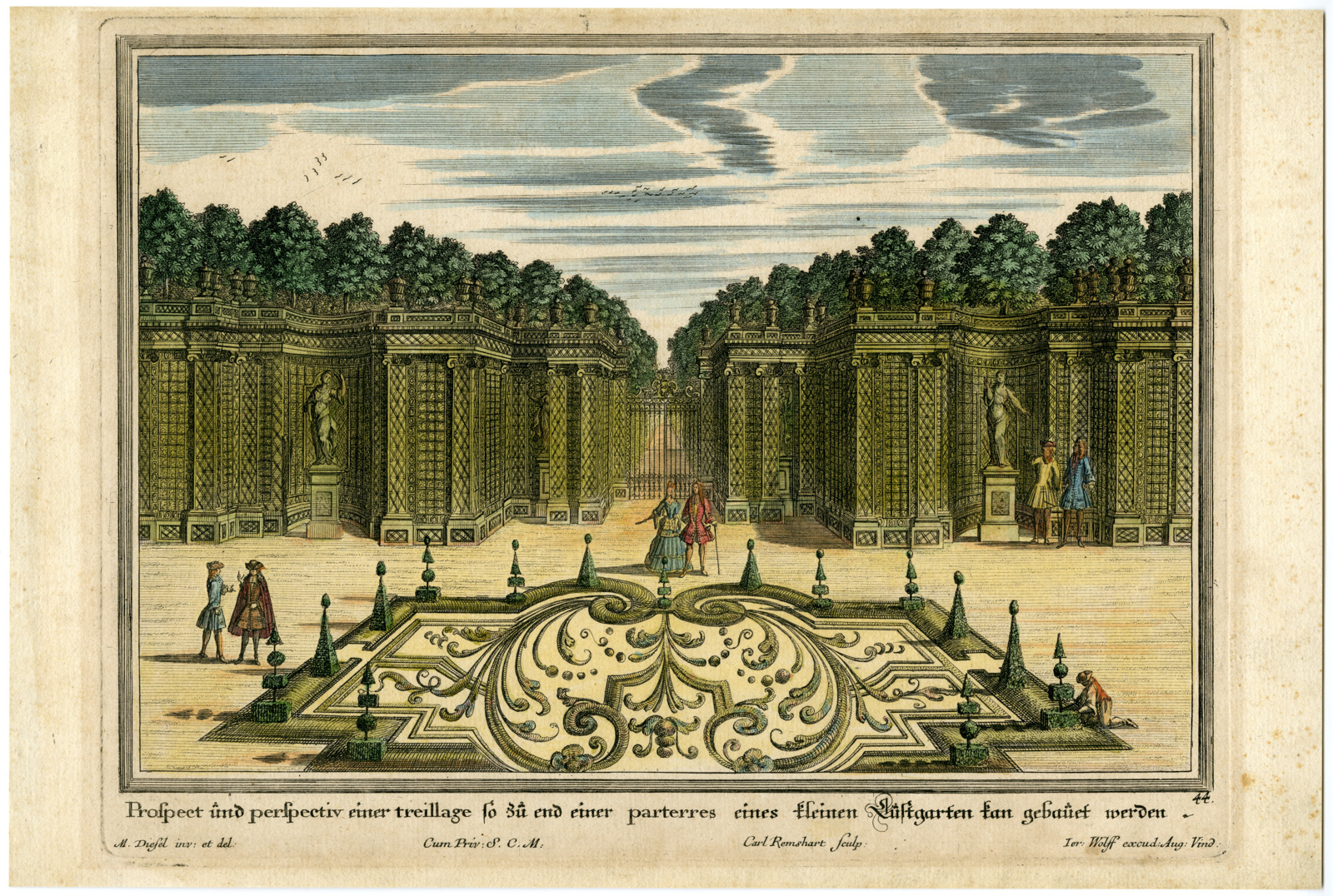 , Antique Print-TREILLAGE-BAROQUE-GARDEN-Remshard-Diesel-ca. 1720, Pictura Antique Prints